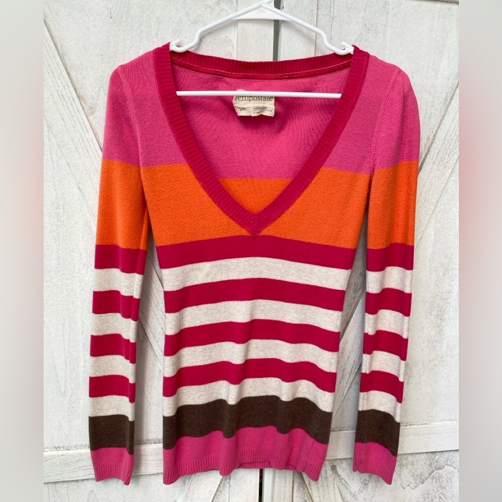 Aéropostale Striped V-Neck 90s Y2K Sweater Women’s Small Pink Orange